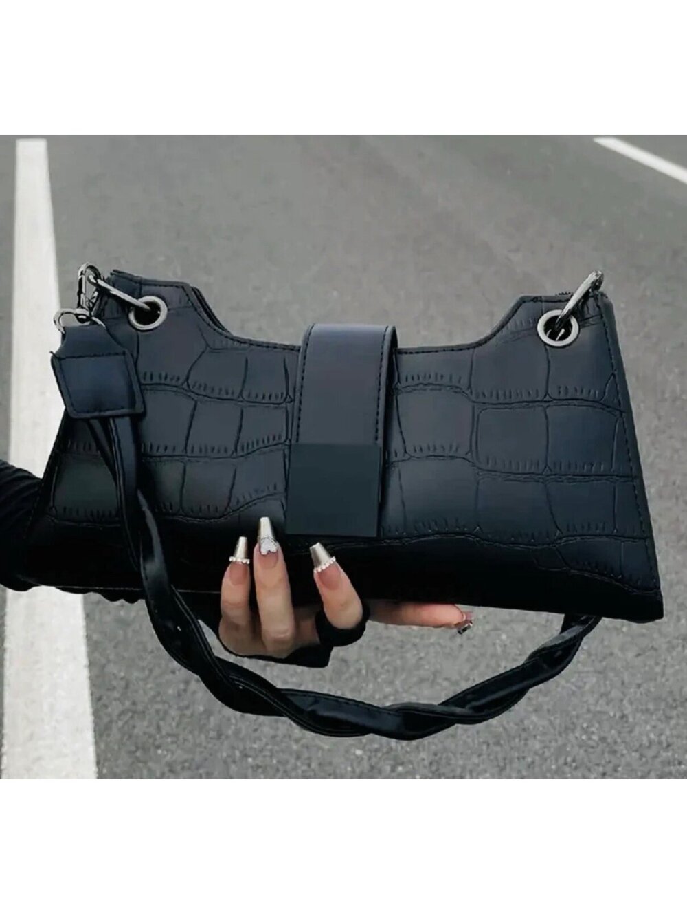 New - Gorgeous - Retro Style Cracked Pattern Handbag /Shoulder Bag -Black